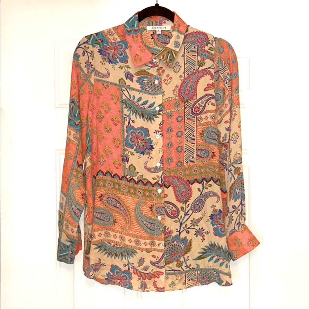 Rose & Olive Paisley Button-Up Shirt M Orange Boho Tie Knot Colorful Floral